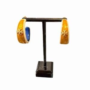 Tory Burch Roxanne Logo Gold, Blue & White Enamel Gold Tone Hoop Earrings